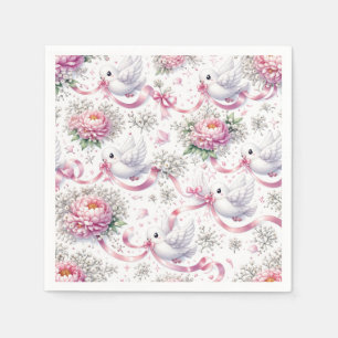 Wedding Doves with Pink Peonies and Ribbons Napkin