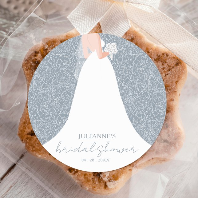 Wedding Dress Bridal Shower Dusty Blue Classic Round Sticker (Creator Uploaded)