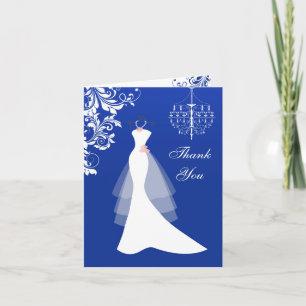 Wedding dress, chandelier on royal blue Thank You