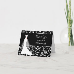 Wedding dress, damask on black Thank you Card