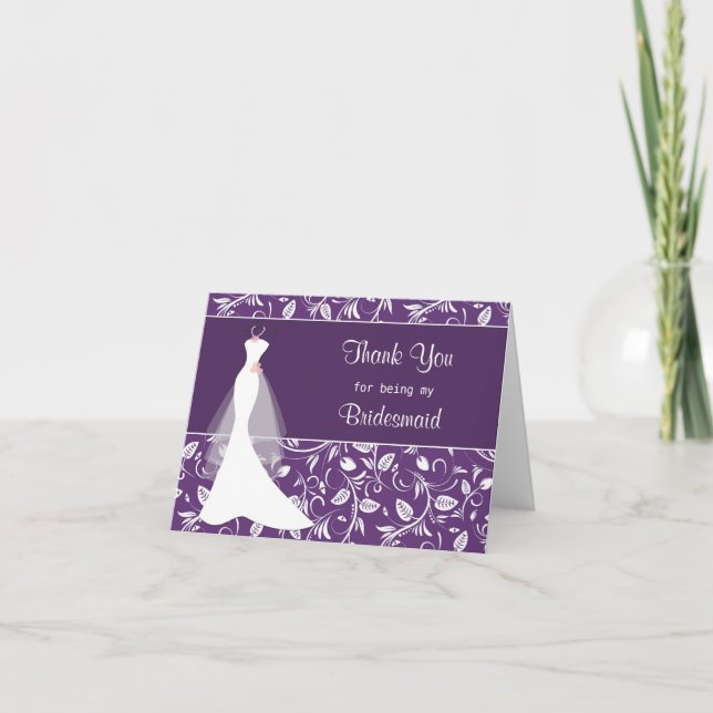 Wedding dress, damask on purple Thank you Card (Front)