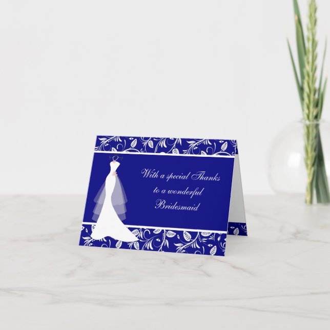 Wedding dress, damask on royal blue Thank you Card (Front)