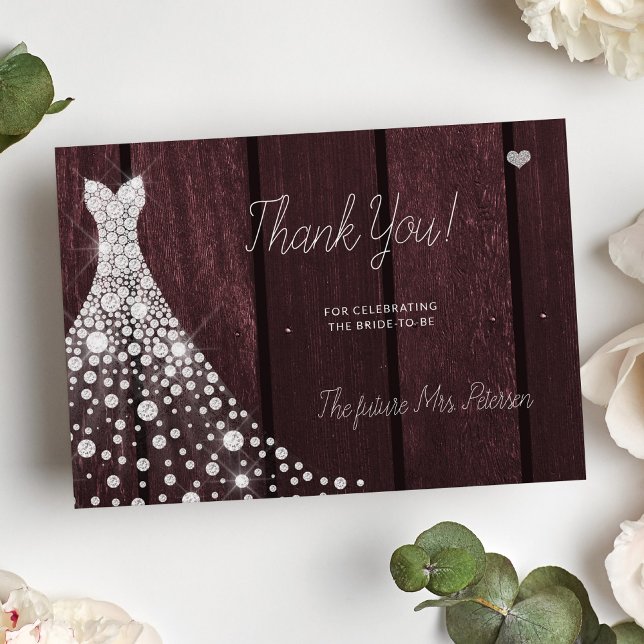 Wedding dress elegant burgundy bridal shower thank you card (Creator Uploaded)