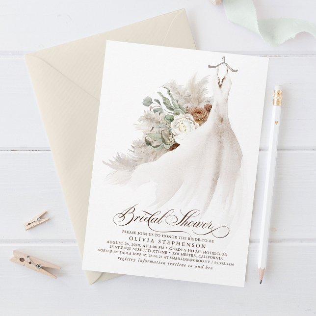 Wedding Dress Floral Pampas Grass Bridal Shower In Invitation (Creator Uploaded)