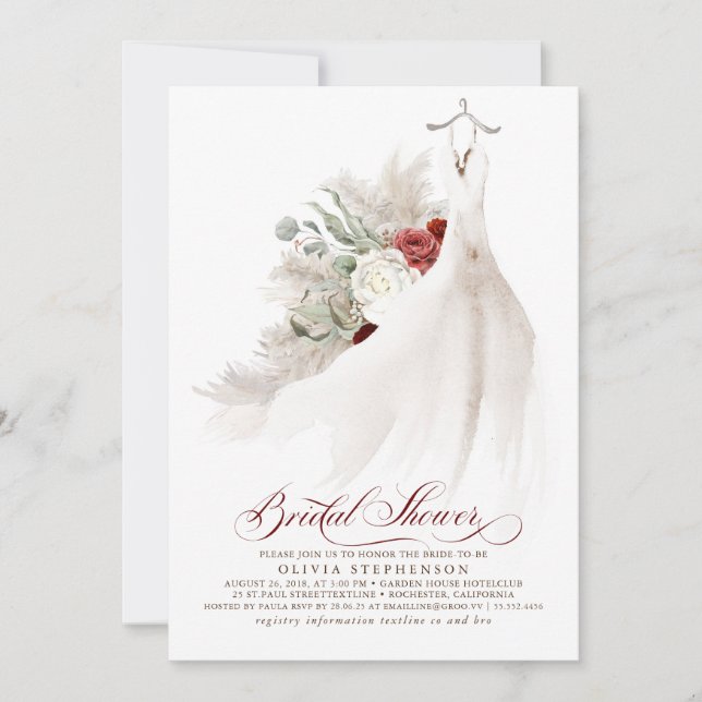 Wedding Dress Floral Pampas Grass Bridal Shower Invitation (Front)