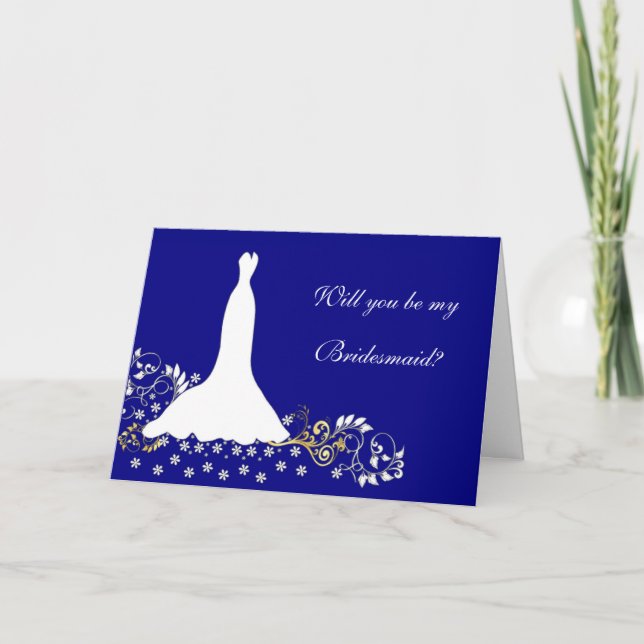 Wedding dress, floral. swirls on blue Bridesmaid Invitation (Front)