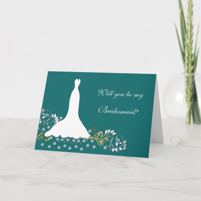 Wedding dress, floral. swirls on teal Bridesmaid Invitation (Front)