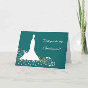 Wedding dress, floral. swirls on teal Bridesmaid Invitation