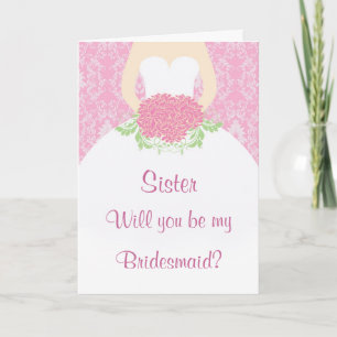 Wedding dress, flowers, pink damask Bridesmaid Invitation