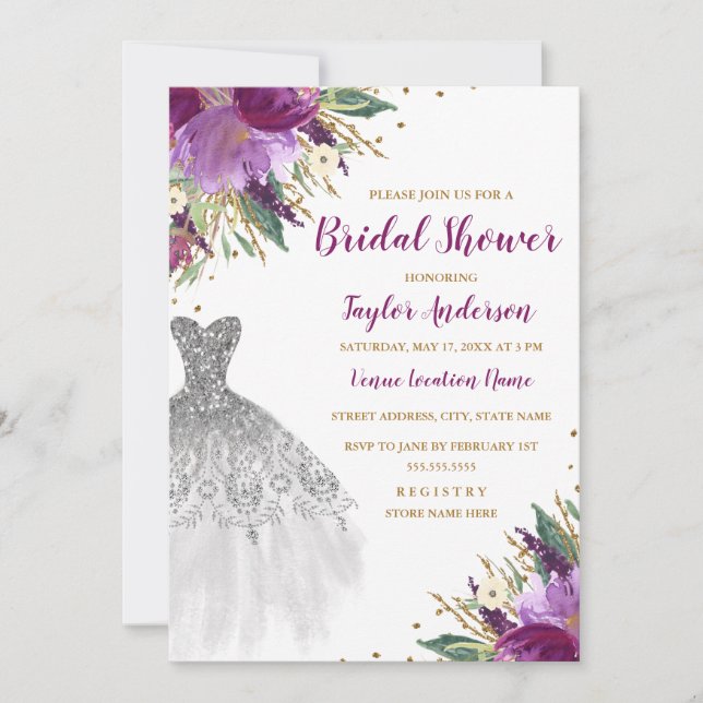 Wedding Dress Glitter Amethyst Bridal Shower Invitation (Front)