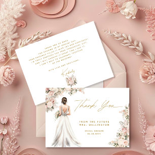 Wedding Dress Gown Brunette Floral Bridal Shower Thank You Card