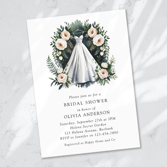 Wedding Dress Greenery Bridal Shower Invitation (Creator Uploaded)