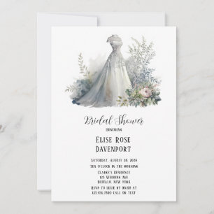 Wedding Dress Greenery Watercolor Bridal Shower In Invitation