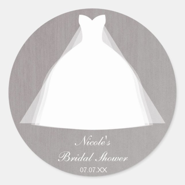 Wedding Dress Modern Glamour Bridal Shower Grey Classic Round Sticker (Front)