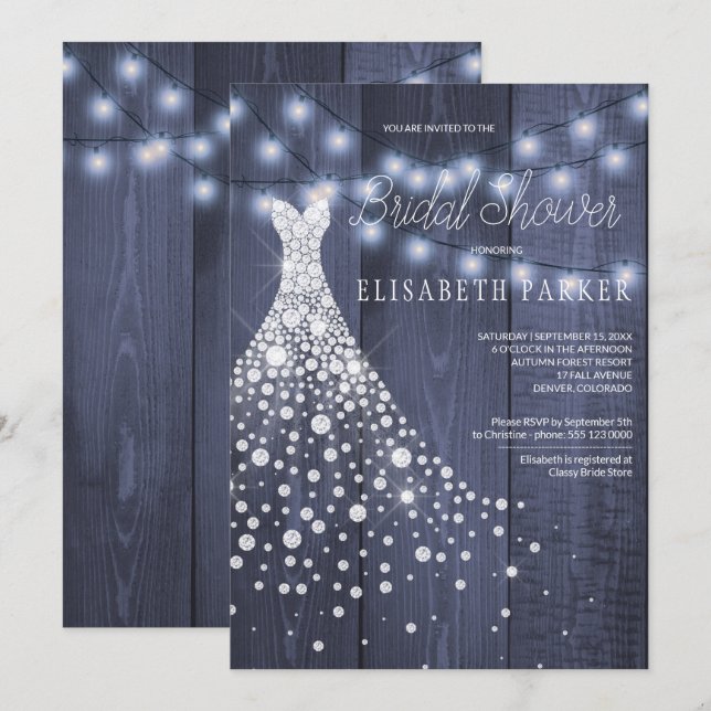 Wedding Dress Navy Barn Wood Winter Bridal Shower Invitation (Front/Back)