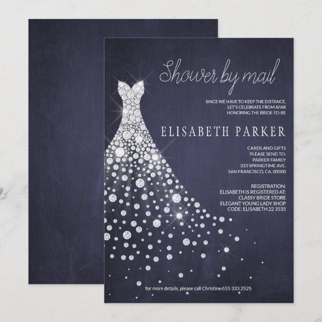Wedding Dress Navy Blue Chalkboard Shower by Mail Invitation (Front/Back)