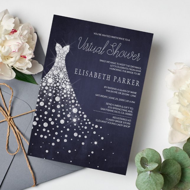 Wedding Dress Navy Blue Chalkboard Virtual Shower Invitation (Creator Uploaded)
