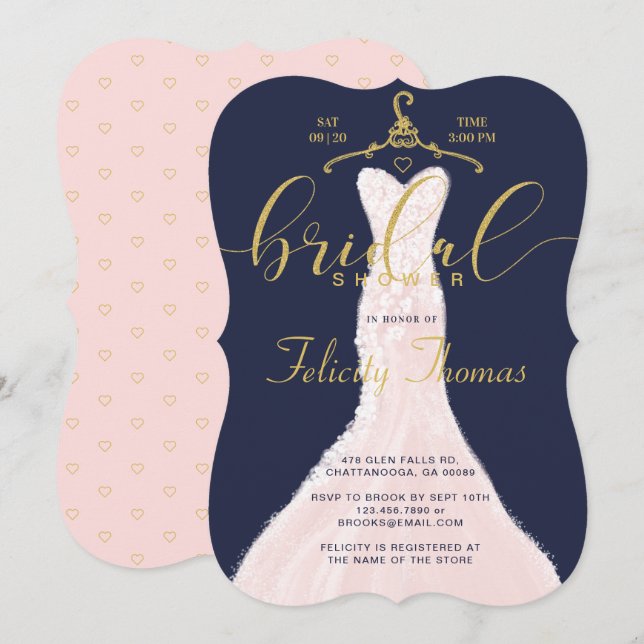 Wedding Dress Navy Gold Bridal Shower Invitation (Front/Back)