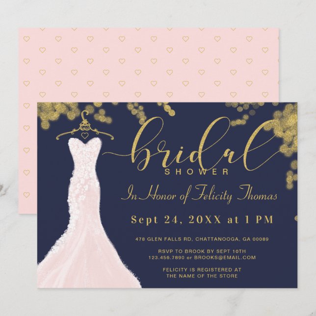 Wedding Dress Navy Gold Bridal Shower Invitation (Front/Back)