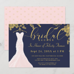 Wedding Dress Navy Gold Bridal Shower Invitation