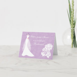 Wedding dress on purple Thank You Bridesmaid card