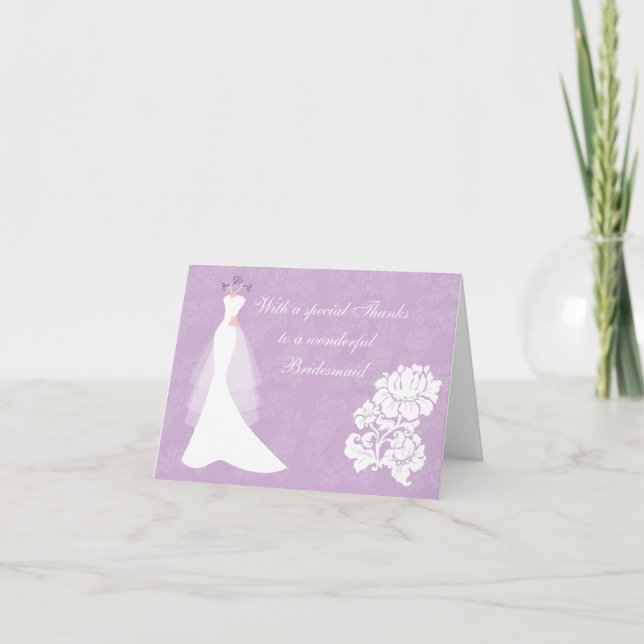 Wedding dress on purple Thank You Bridesmaid card (Front)