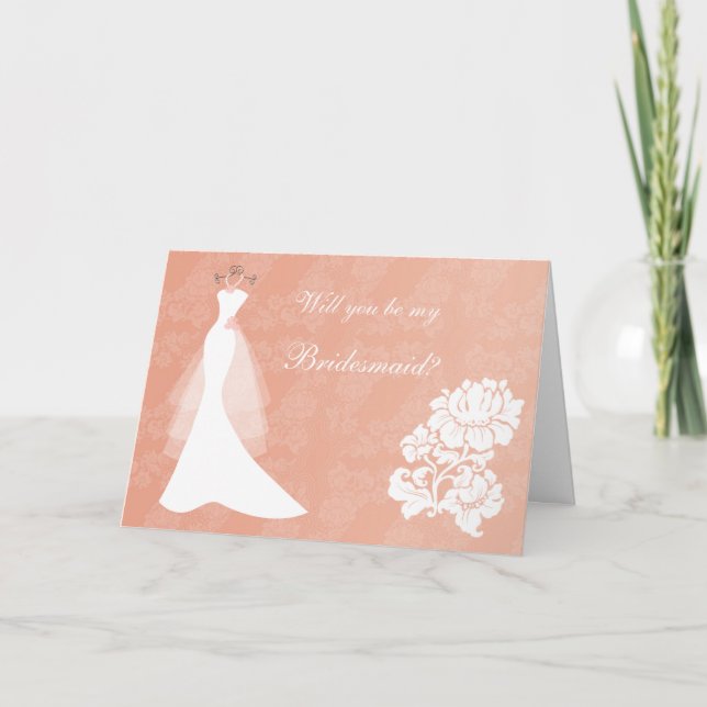 Wedding dress, rose on coral Bridesmaid card (Front)