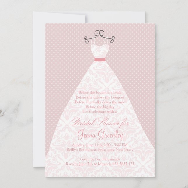 Wedding dress, roses, pink polka dots invitation (Front)