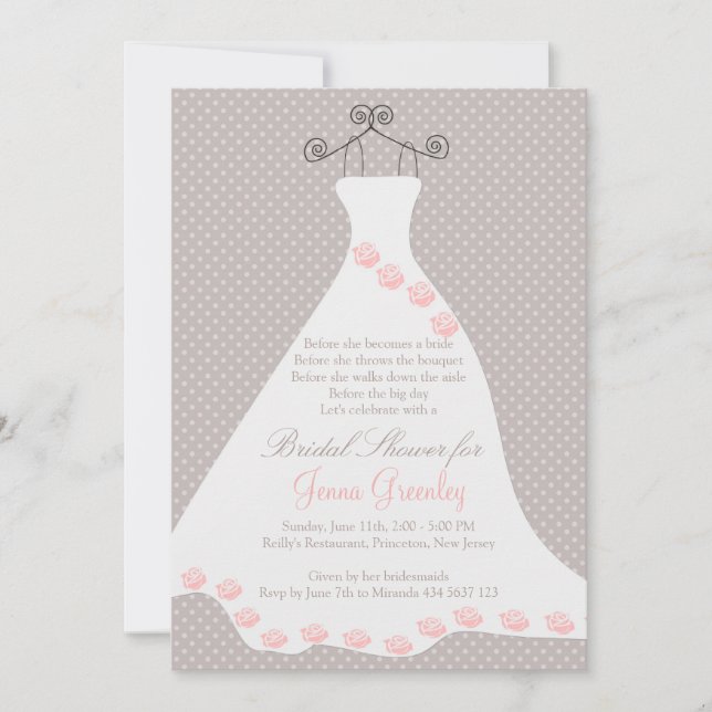 Wedding dress, roses, polka dots invitation (Front)