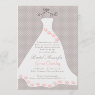 Wedding dress, roses, polka dots invitation