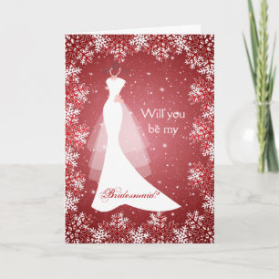Wedding dress, snowflakes on red Bridesmaid Invitation
