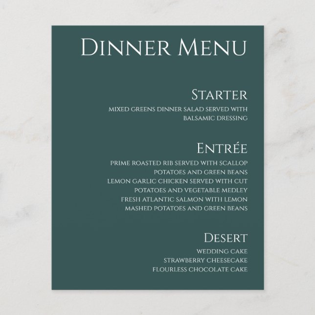 Wedding Drink & Dinner Menu-Emerald Green- (Front)