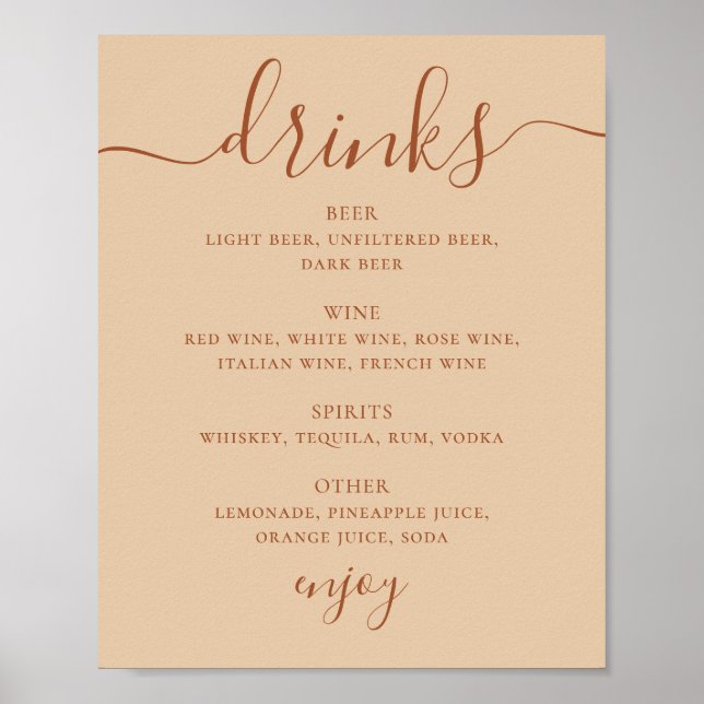 Wedding Drink Menu | Bar Sign in Warm Peach Sand (Front)