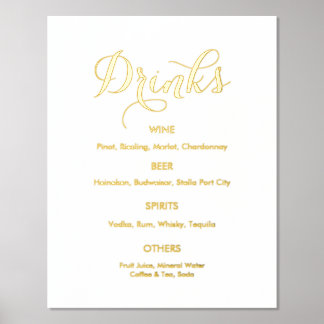 Wedding Drinks Bar Menu Gold White Foil Prints