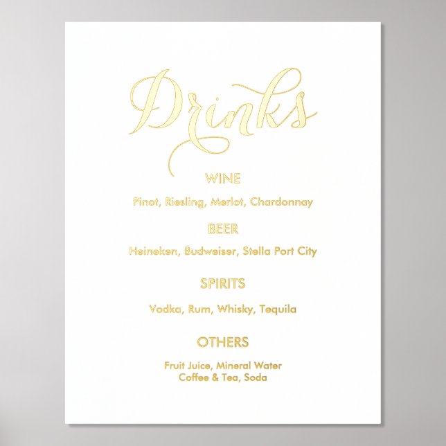 Wedding Drinks Bar Menu Gold White Foil Prints (Front)