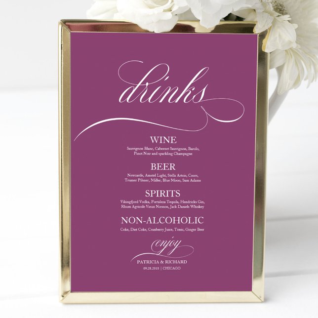 Wedding Drinks Bar Menu Sign Chic Pink Cassis (Creator Uploaded)