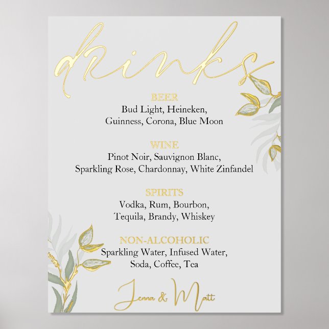 Wedding Drinks Bar Sign Watercolor Leaves  (Front)
