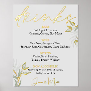 Wedding Drinks Bar Sign Watercolor Leaves