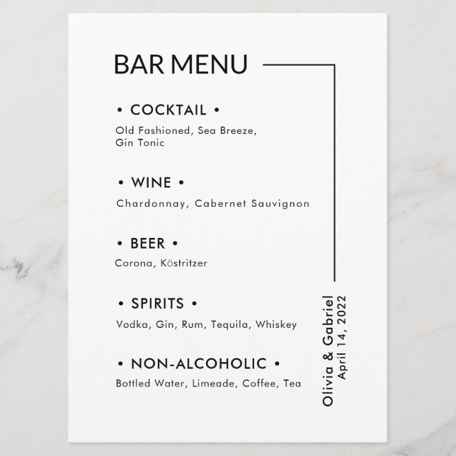 Wedding Drinks. Simple Modern Bar Menu (Front)