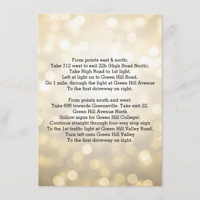 Wedding Driving Directions Gold Glitter Lights Enclosure Card (Front)