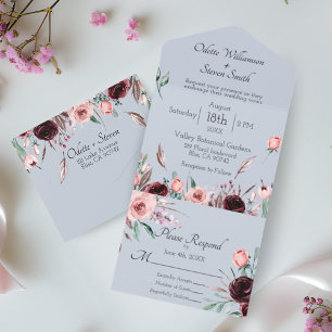 Wedding Dusty Blue and Pink Watercolor Floral All In One Invitation