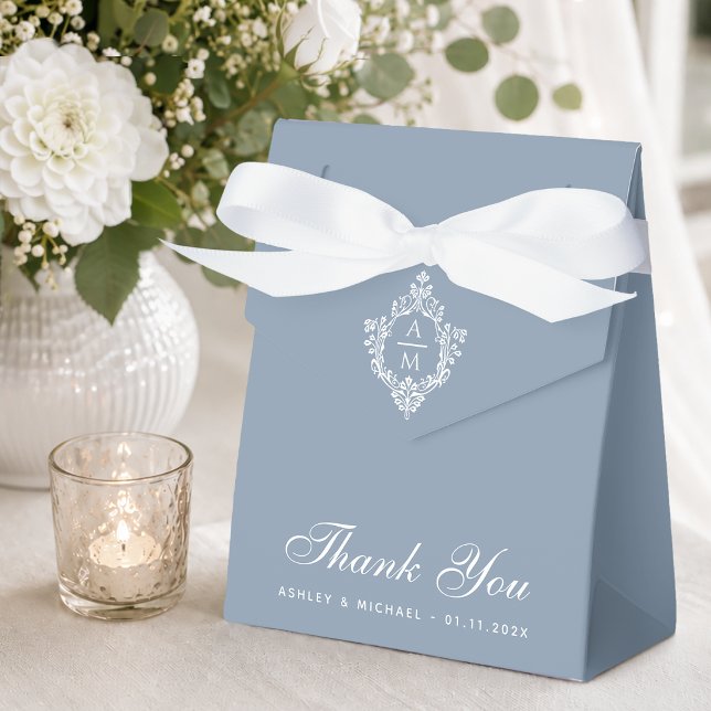 Wedding Dusty Blue Crest Monogram White Script  Favour Box (Creator Uploaded)