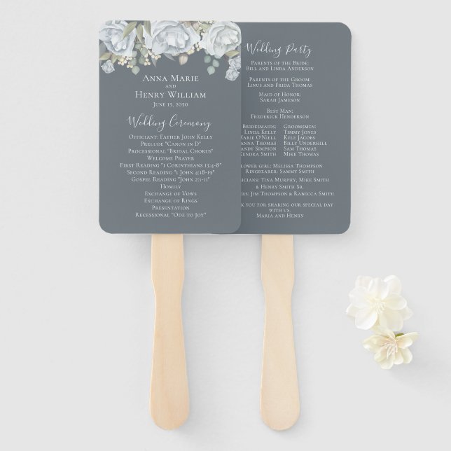Wedding Dusty Blue Elegant Floral Rose Ceremony Hand Fan (Front and Back)