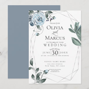 WEDDING Dusty Blue Floral Watercolor Silver Invitation