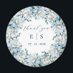 Wedding dusty blue floral wreath thank you magnet<br><div class="desc">"
White background,  with a beatiful dusty blue watercolor floral wreath. Personalise and add your names and the date.</div>