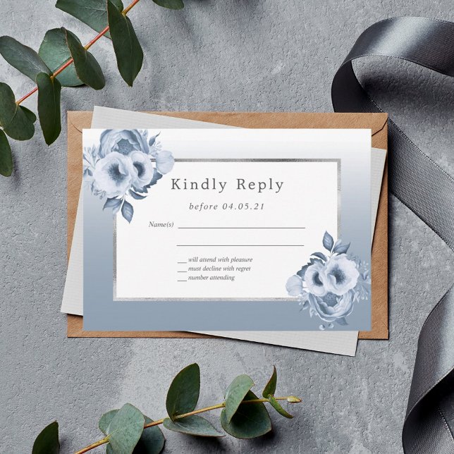 Wedding dusty blue florals chic silver RSVP Card (Creator Uploaded)