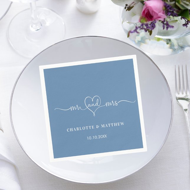 Wedding dusty blue mr mrs heart script simple napkin (Creator Uploaded)