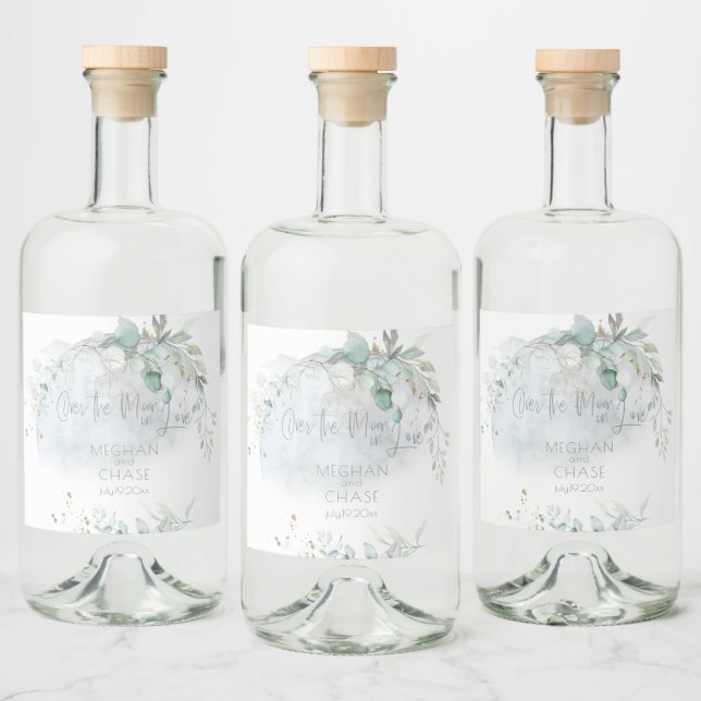 Wedding | Dusty Blue Over the Moon in Love Liquor Bottle Label (Bottles)