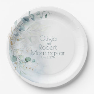 Wedding   Dusty Blue Over the Moon in Love Paper Plate