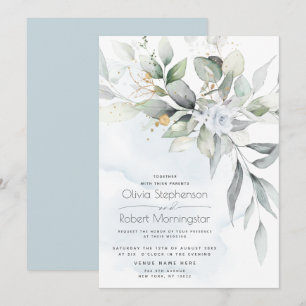 Wedding   Dusty Blue Rose Woodland Greenery Boho Invitation